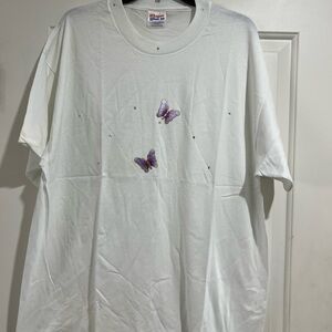 Hanes White Short Sleeve Tee with Purple Butterfly Design with jewels
